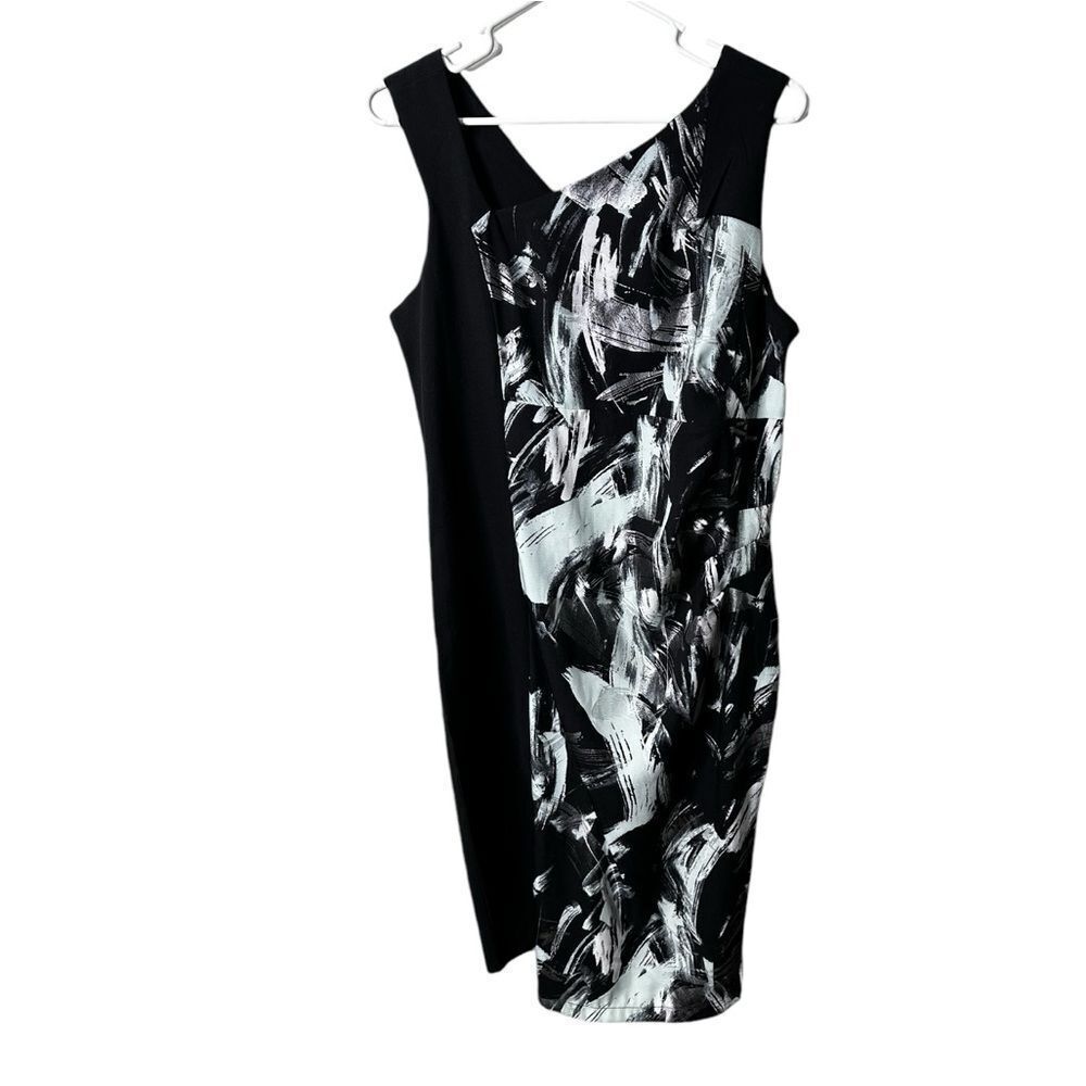 Glamour & Co. black white & icy mint blue color print sheath dress medium